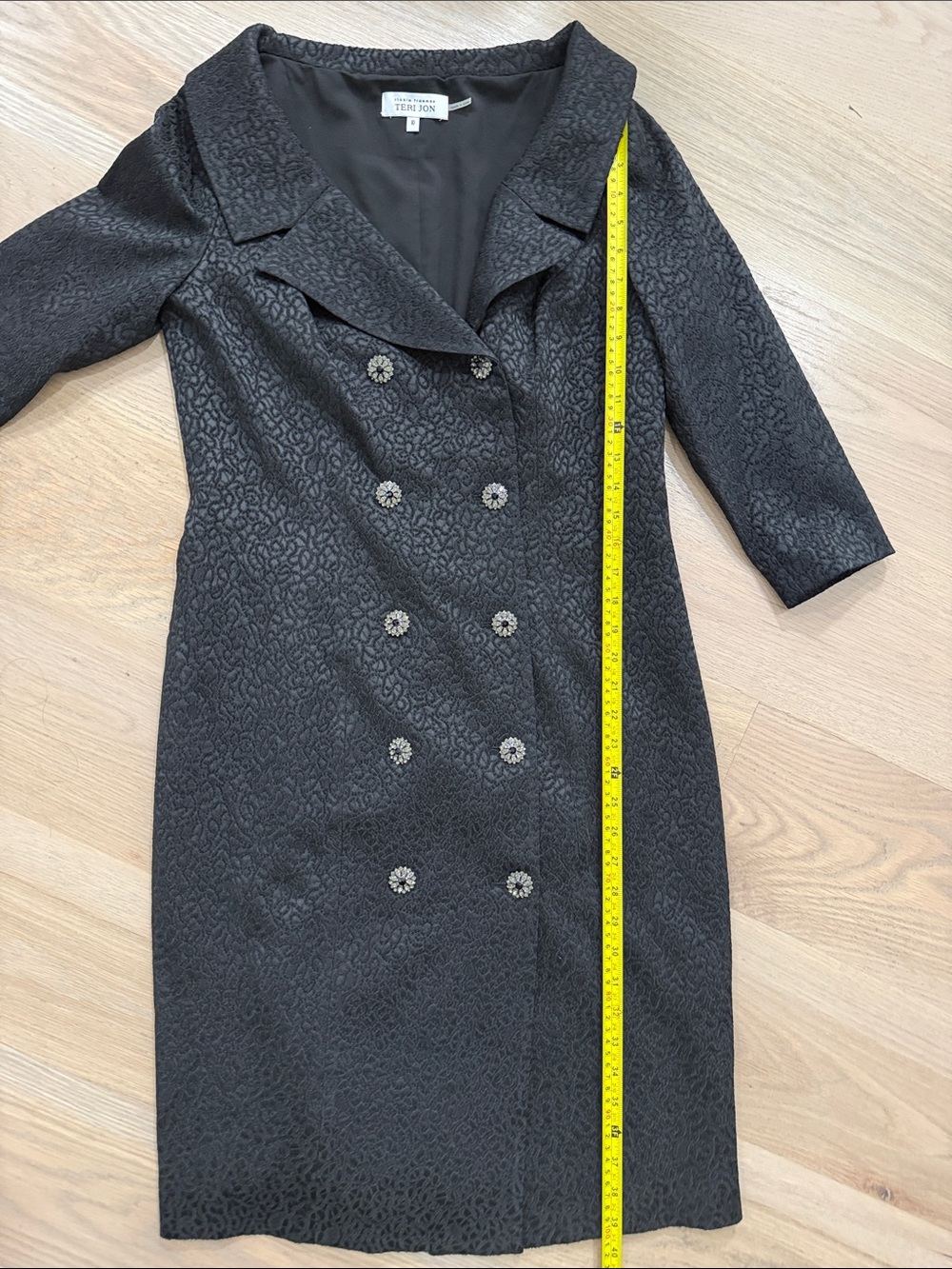 Rickie Freeman TERI JON Black Jacquard Double Breasted Coat Dress Rhinestone 10 - Picture 4 of 7